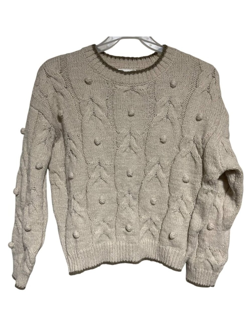 Blu Pepper Womens Beige Cable Knit Bobble Sweater Size S Crewneck Fall Layering